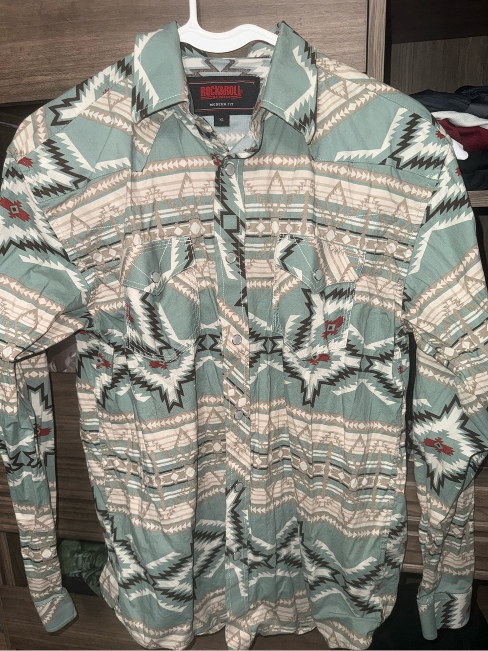 Rock & Roll Cowgirl Aztec Print Button-Down Shirt Jacket - Sage, Beige